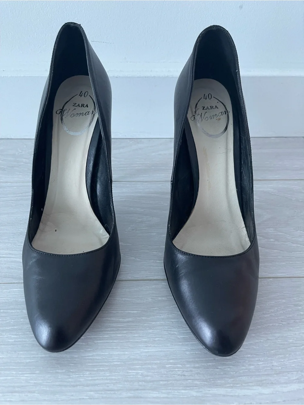 Zara Black Genuine Leather Rounded Point Toe Stiletto Pumps Size 40